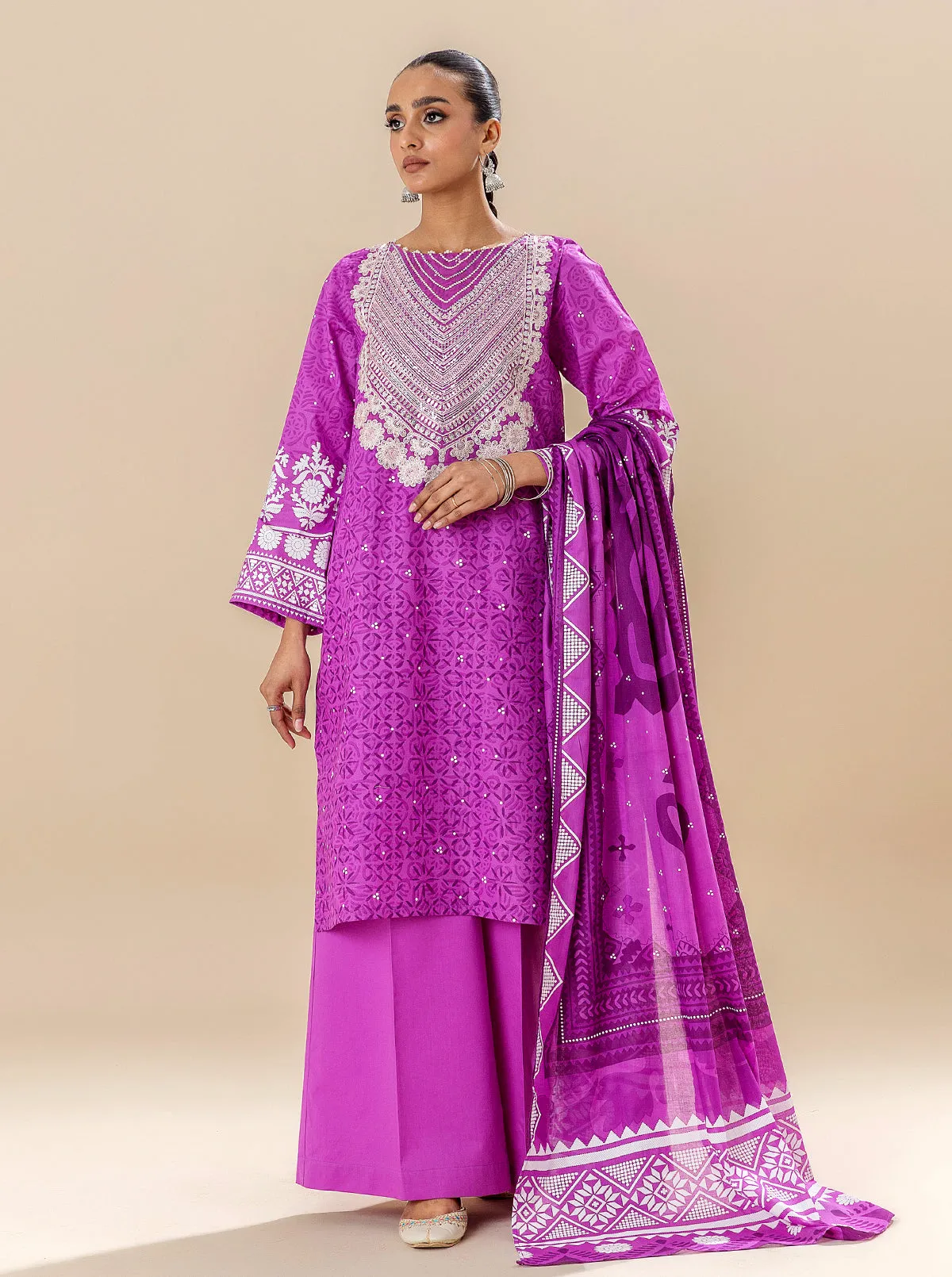 3 PIECE EMBROIDERED LAWN SUIT-CACTUS FLOWER