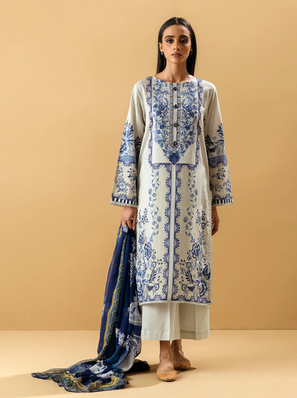 3 PIECE - EMBROIDERED LAWN SUIT - PORCELAIN GARDEN