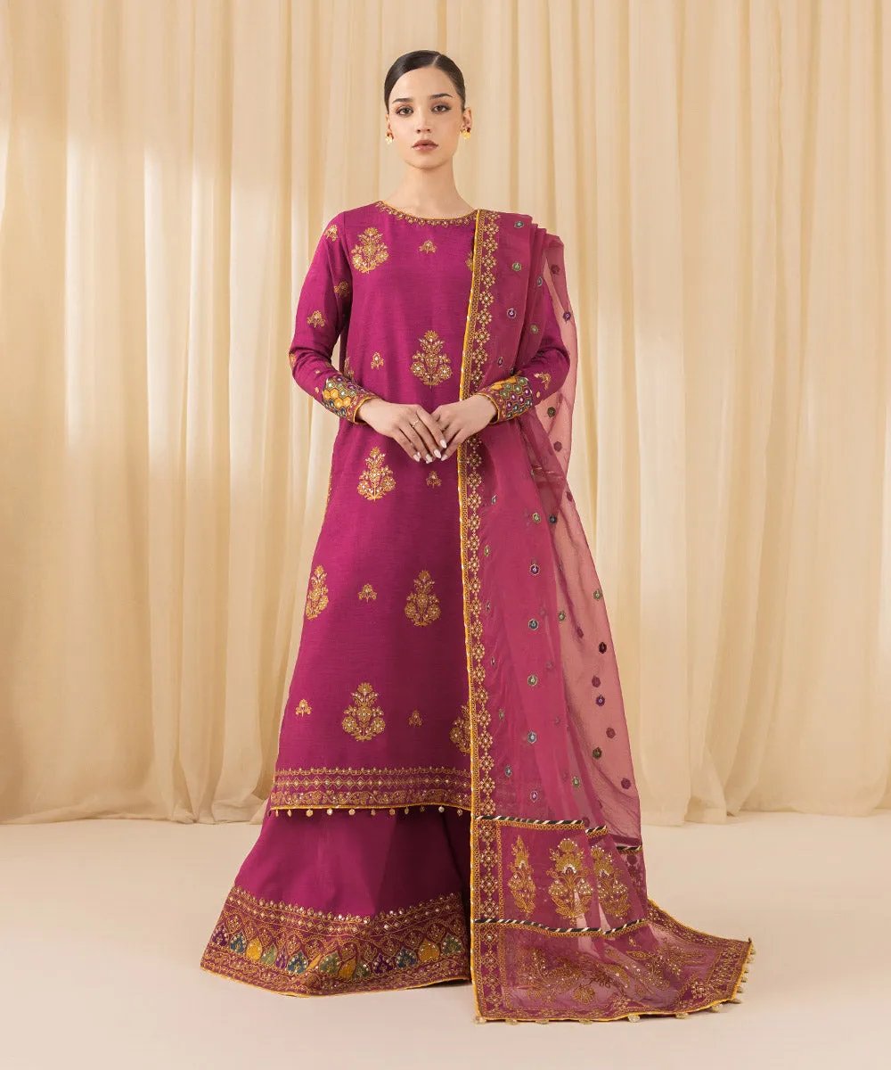 3 Piece -  Embroidered Raw Silk Suit
