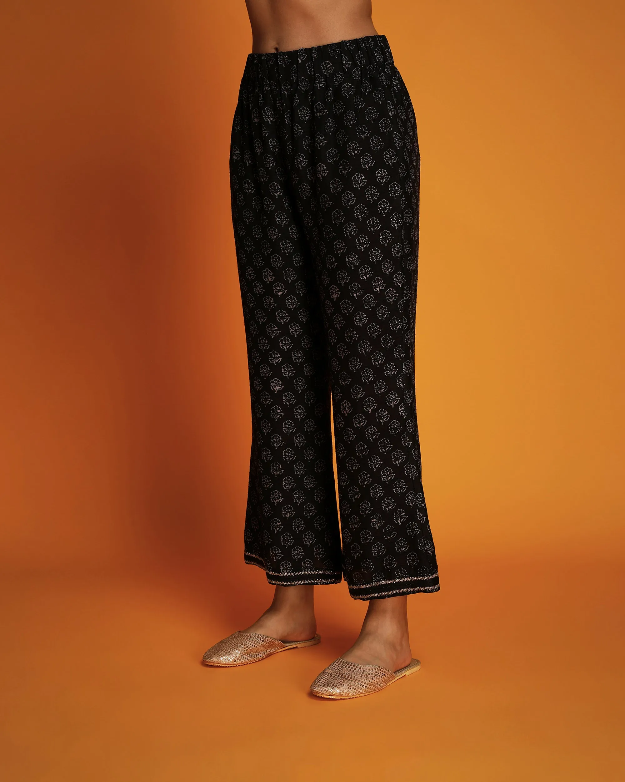Black hand block printed pants