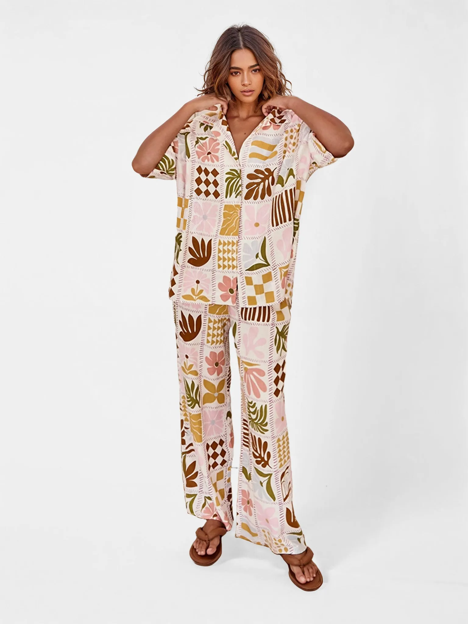Boho Patchwork Print Oversized Button-Up Shirt
