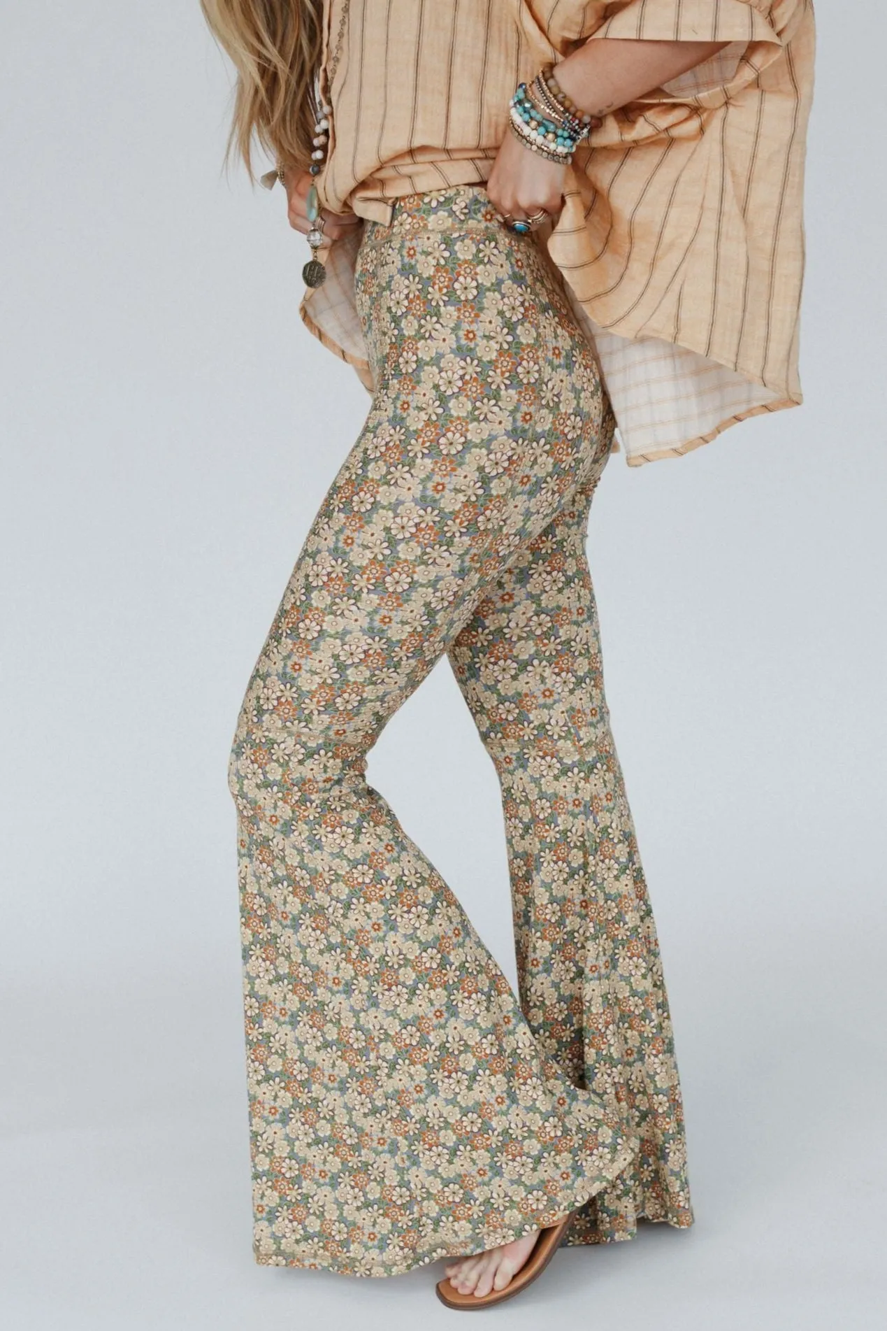 Dream in Flowers Flare Pants - Denim Khaki