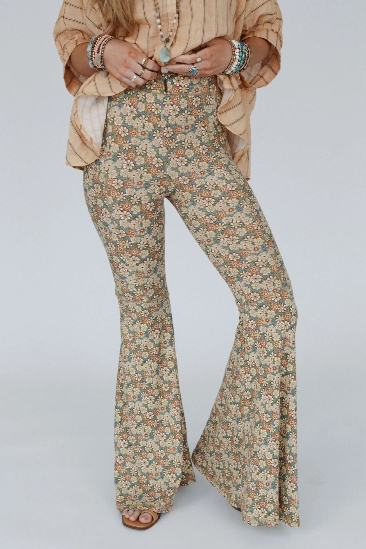 Dream in Flowers Flare Pants - Denim Khaki