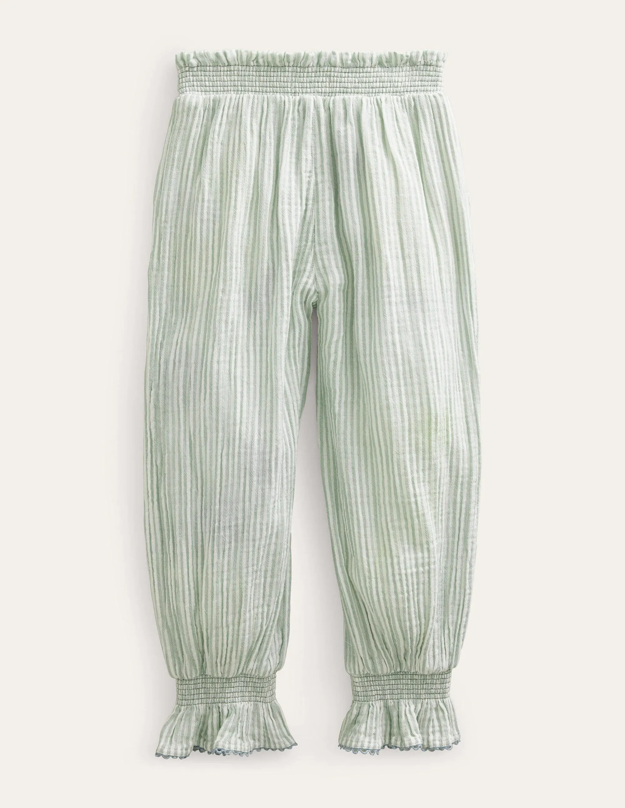 Embroidered Balloon Trousers-Green Embroidered Ticking
