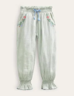 Embroidered Balloon Trousers-Green Embroidered Ticking