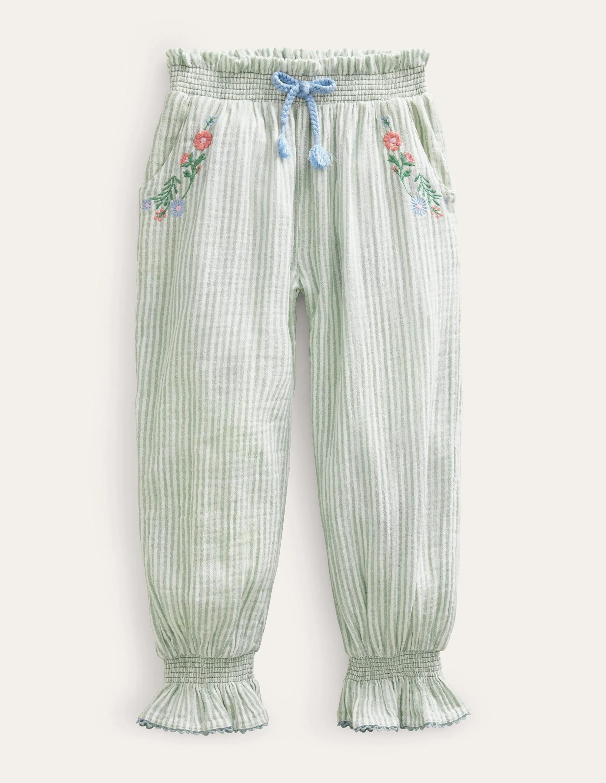 Embroidered Balloon Trousers-Green Embroidered Ticking