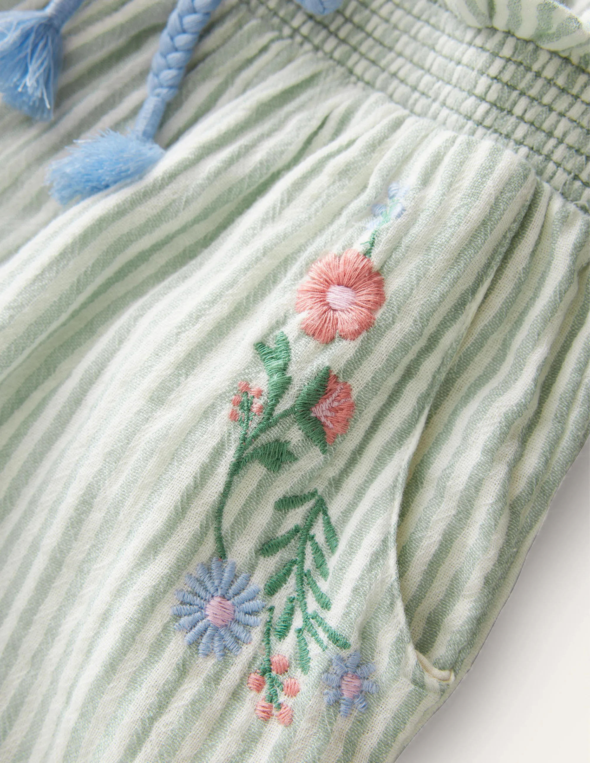 Embroidered Balloon Trousers-Green Embroidered Ticking