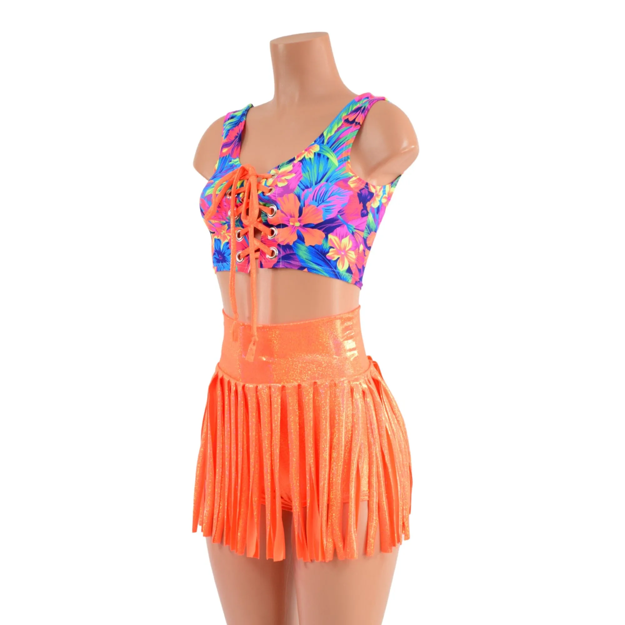 Gladiator Fringe High Waist Shorts & Lace Up Mini Tank Set