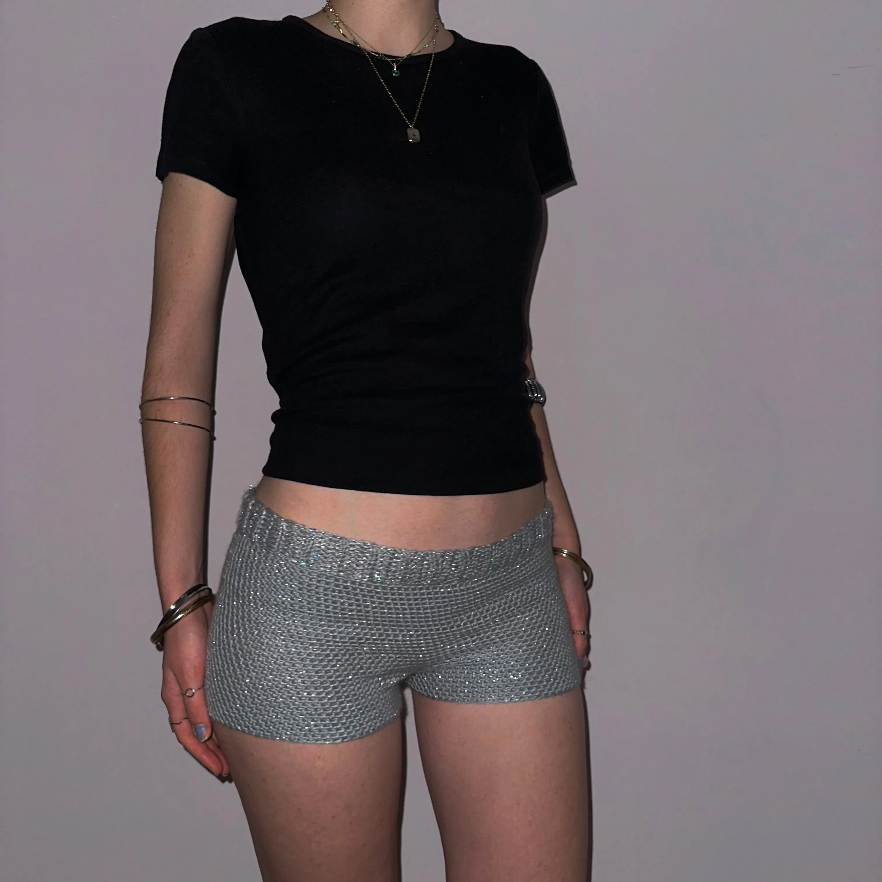 Handmade sparkly metallic silver crochet shorts