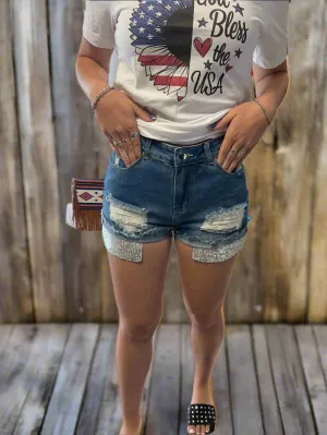 LC78078-4 Blue Jean Shorts With Sequence Pockets
