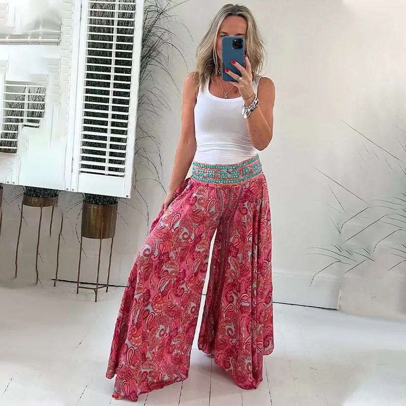 Limited Hot Sales 50% OFFEthnic Paisley Print Elastic Patchwork-Waist Lightweight PantsThe more you buy, the higher the discount
