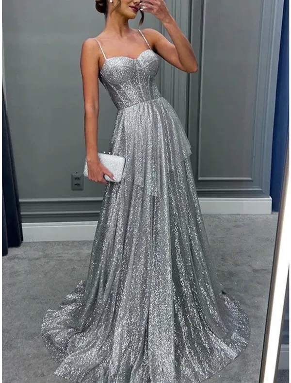 Luolandi A-Line Evening Gown Elegant Dress Formal Sweep / Brush Train Sleeveless Spaghetti Strap Sequined with Glitter Pleats Sparkly