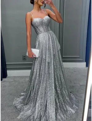 Luolandi A-Line Evening Gown Elegant Dress Formal Sweep / Brush Train Sleeveless Spaghetti Strap Sequined with Glitter Pleats Sparkly