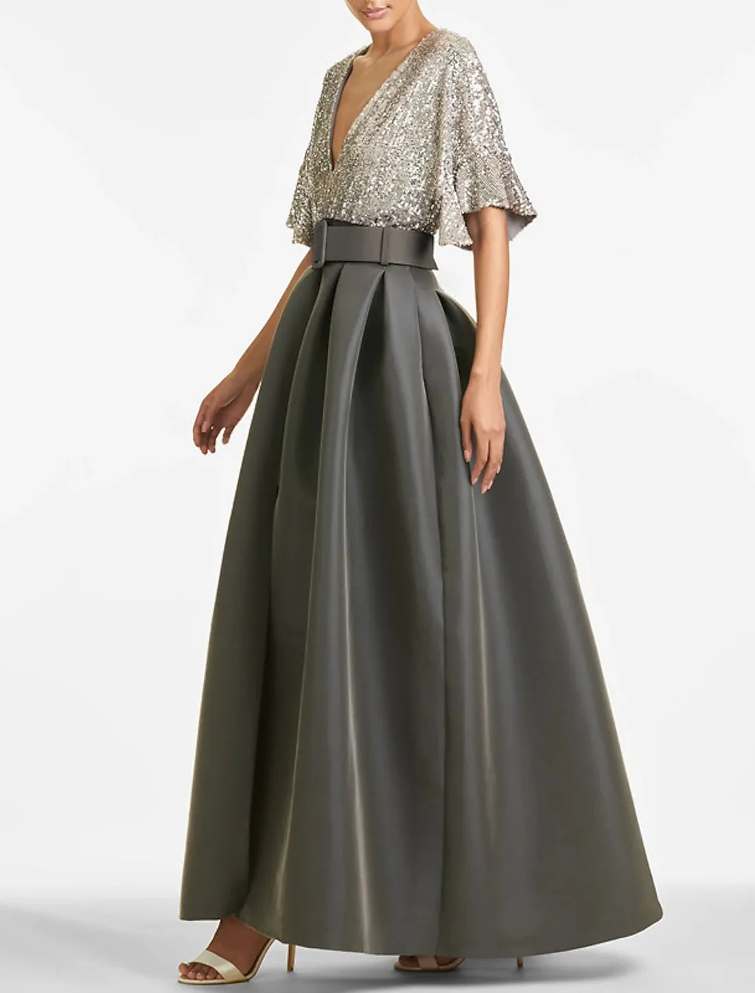 Luolandi A-Line Evening Gown Party Dress Sparkle & Shine Dress Formal Wedding Guest Ankle Length Half Sleeve V Neck