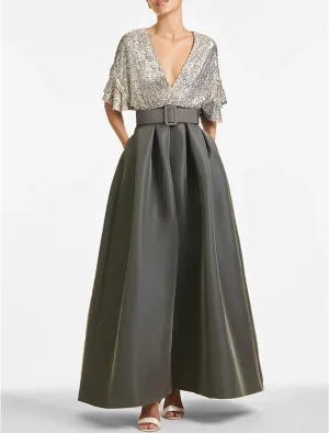 Luolandi A-Line Evening Gown Party Dress Sparkle & Shine Dress Formal Wedding Guest Ankle Length Half Sleeve V Neck