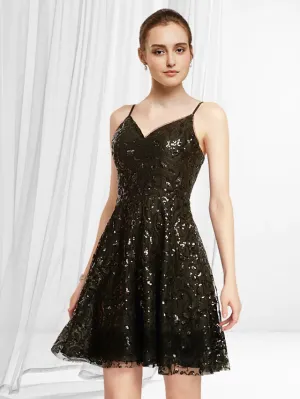 Luolandi A-Line Glittering Sexy Homecoming Party Wear Dress V Neck Sleeveless Short Mini Lace Sequined with Pleats