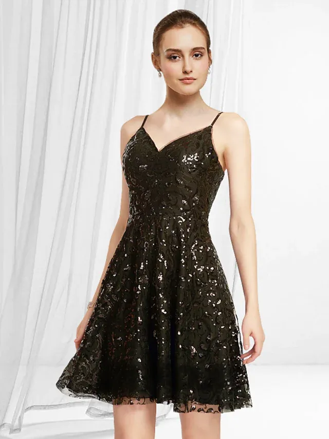 Luolandi A-Line Glittering Sexy Homecoming Party Wear Dress V Neck Sleeveless Short Mini Lace Sequined with Pleats