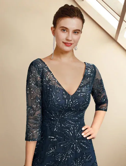 Luolandi A-Line Mother of the Bride Dress Elegant Sparkle & Shine V Neck Floor Length Chiffon Lace Sequined 3/4 Length Sleeve with Sequin