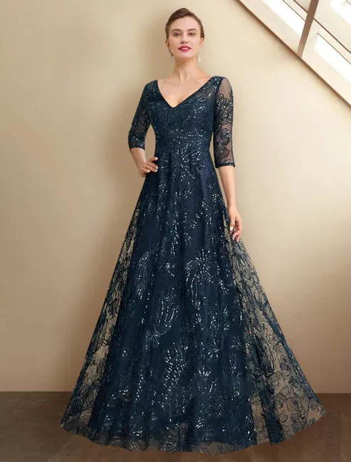 Luolandi A-Line Mother of the Bride Dress Elegant Sparkle & Shine V Neck Floor Length Chiffon Lace Sequined 3/4 Length Sleeve with Sequin