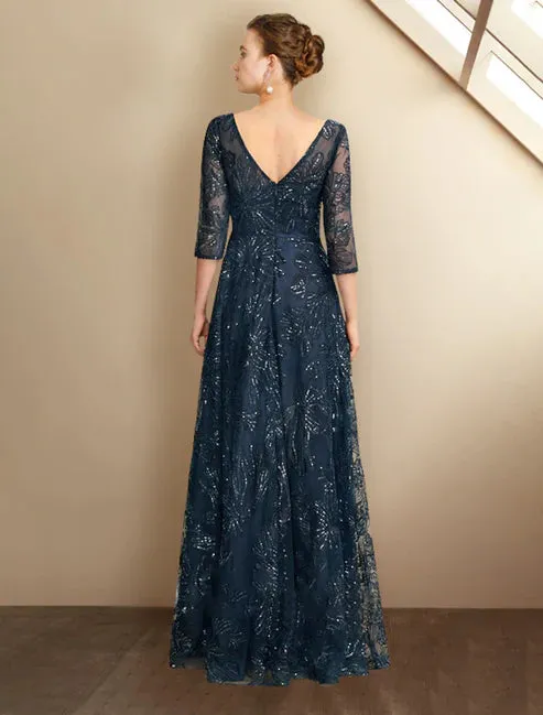 Luolandi A-Line Mother of the Bride Dress Elegant Sparkle & Shine V Neck Floor Length Chiffon Lace Sequined 3/4 Length Sleeve with Sequin