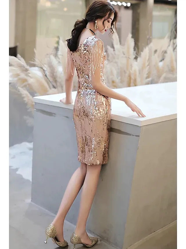 Luolandi Hot Sparkle Party Wear Prom Valentine's Day Dress V Neck Sleeveless Knee Length Satin Sequined with Sequin