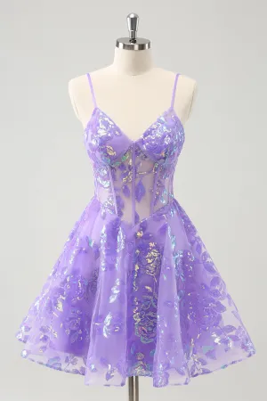 Luolandi Lilac Spaghetti Straps Sequined A Line Corset Homecoming Dress Sparkly Party Dress