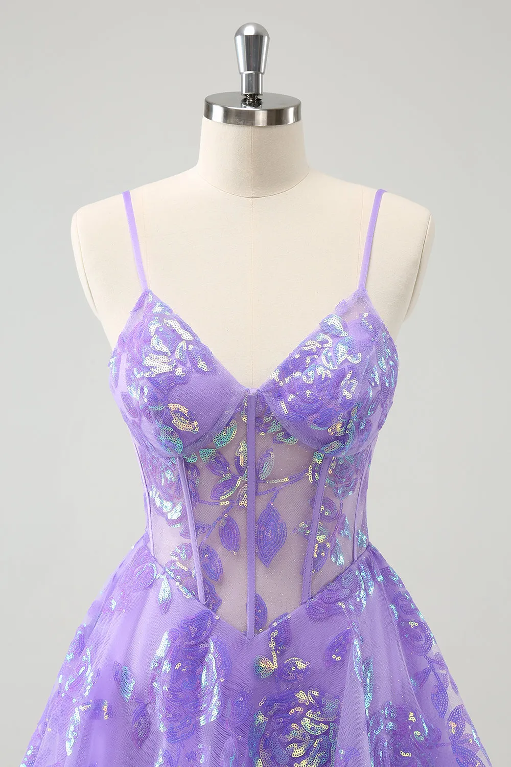 Luolandi Lilac Spaghetti Straps Sequined A Line Corset Homecoming Dress Sparkly Party Dress