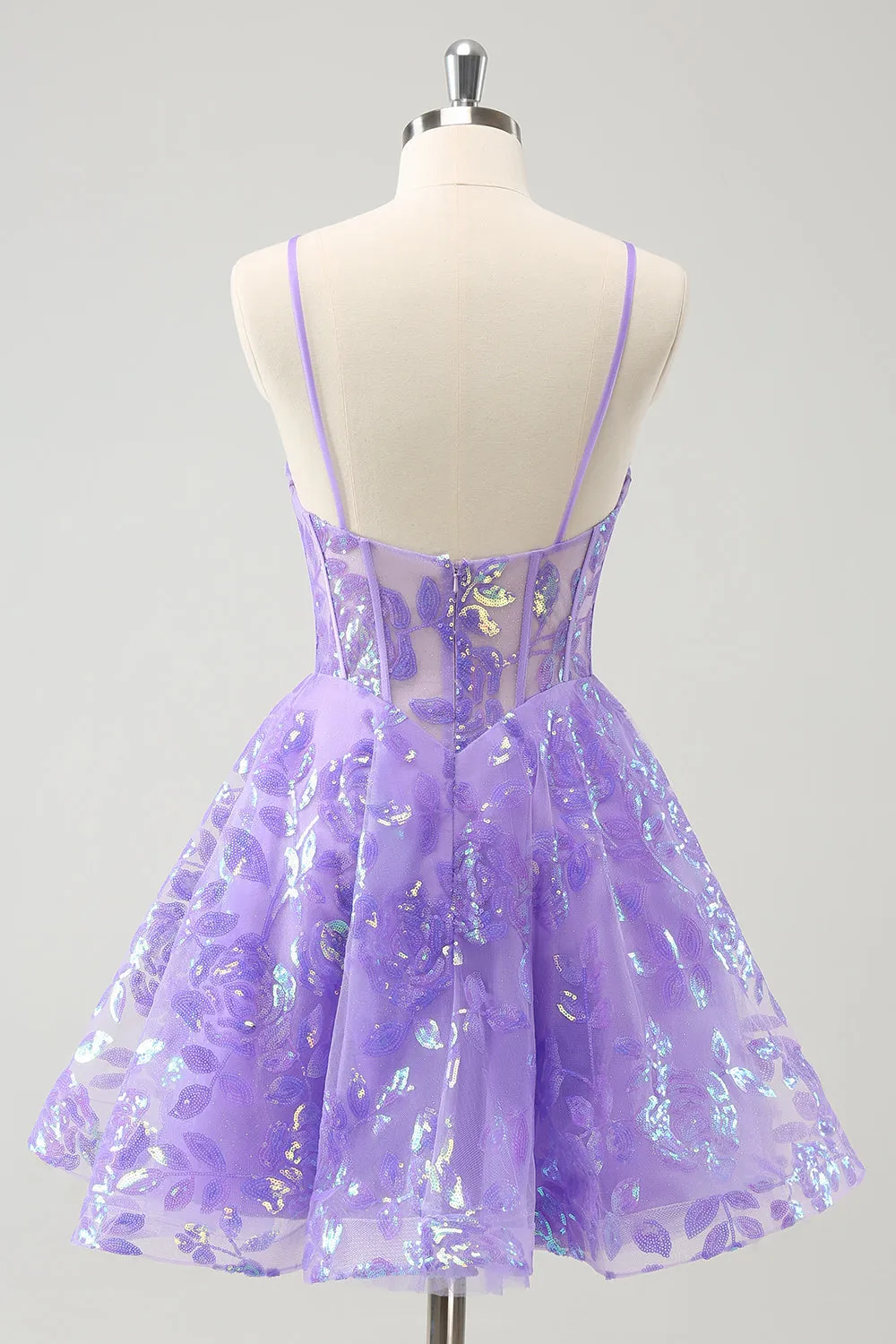 Luolandi Lilac Spaghetti Straps Sequined A Line Corset Homecoming Dress Sparkly Party Dress