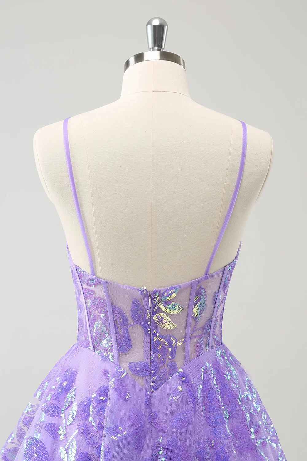 Luolandi Lilac Spaghetti Straps Sequined A Line Corset Homecoming Dress Sparkly Party Dress