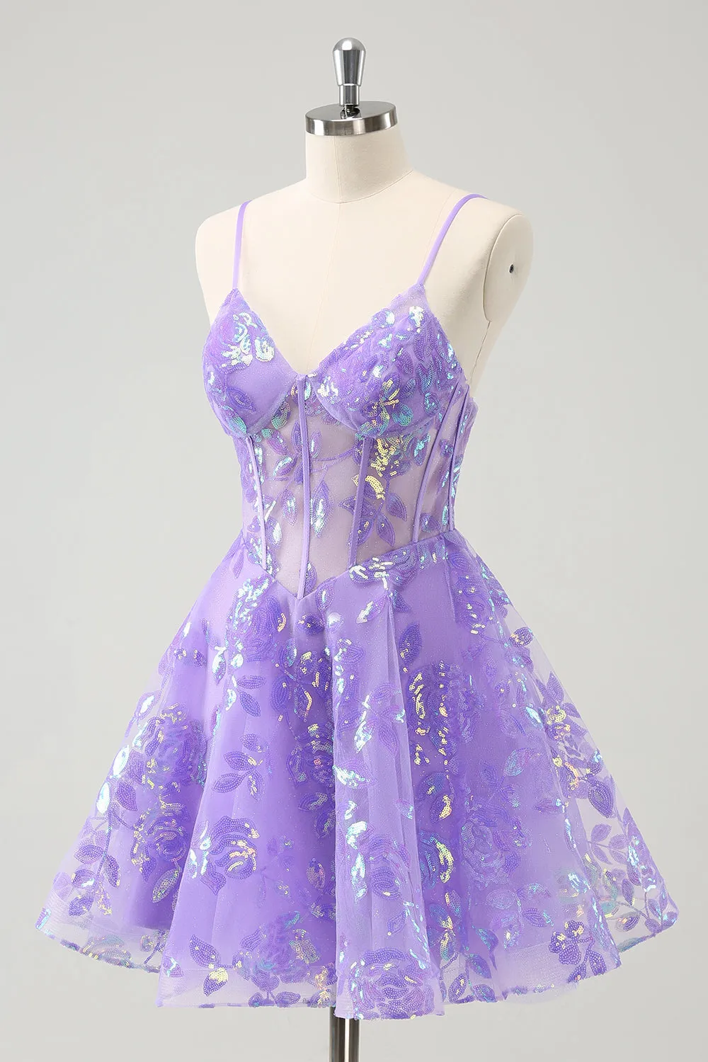 Luolandi Lilac Spaghetti Straps Sequined A Line Corset Homecoming Dress Sparkly Party Dress