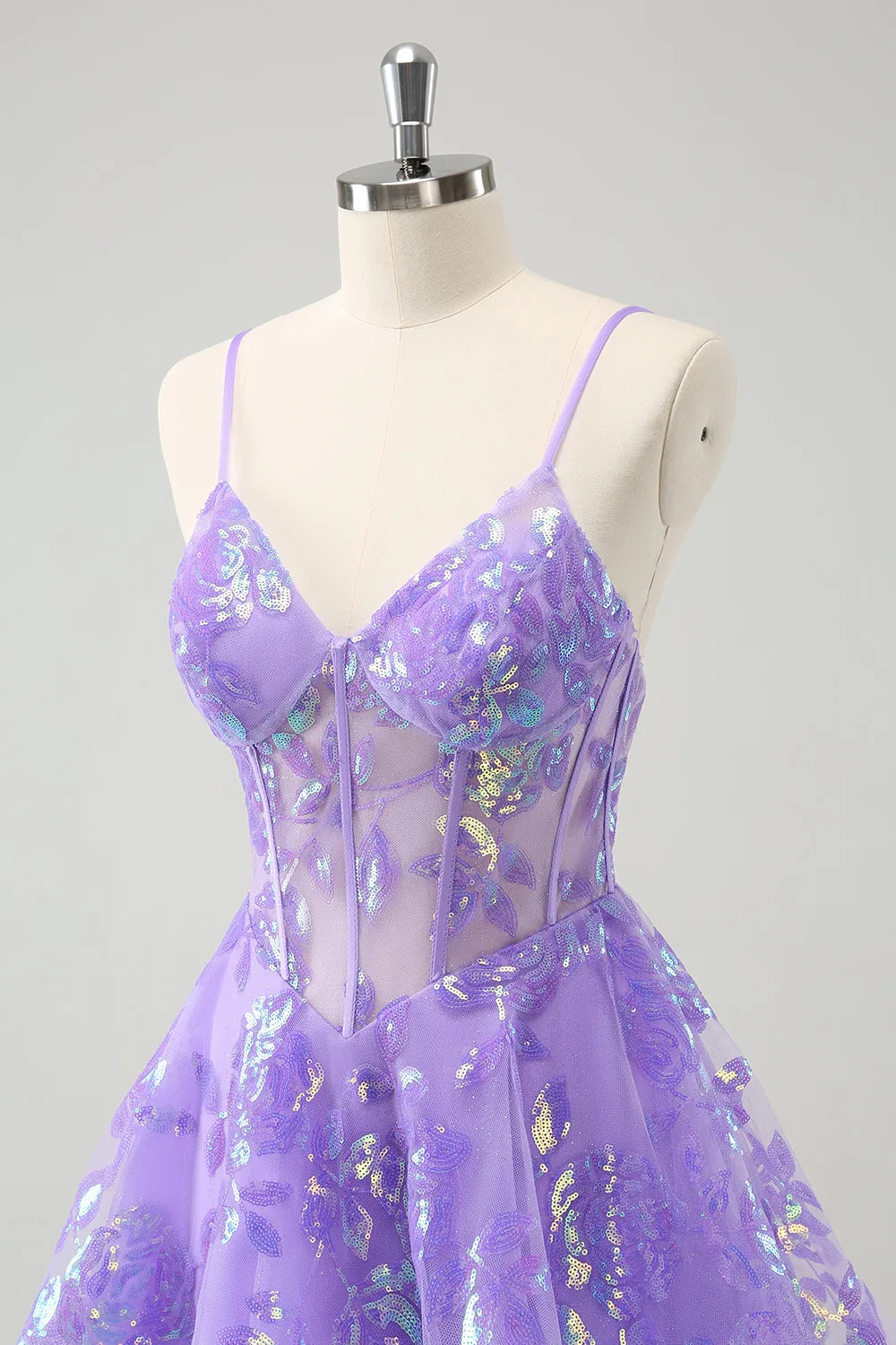 Luolandi Lilac Spaghetti Straps Sequined A Line Corset Homecoming Dress Sparkly Party Dress