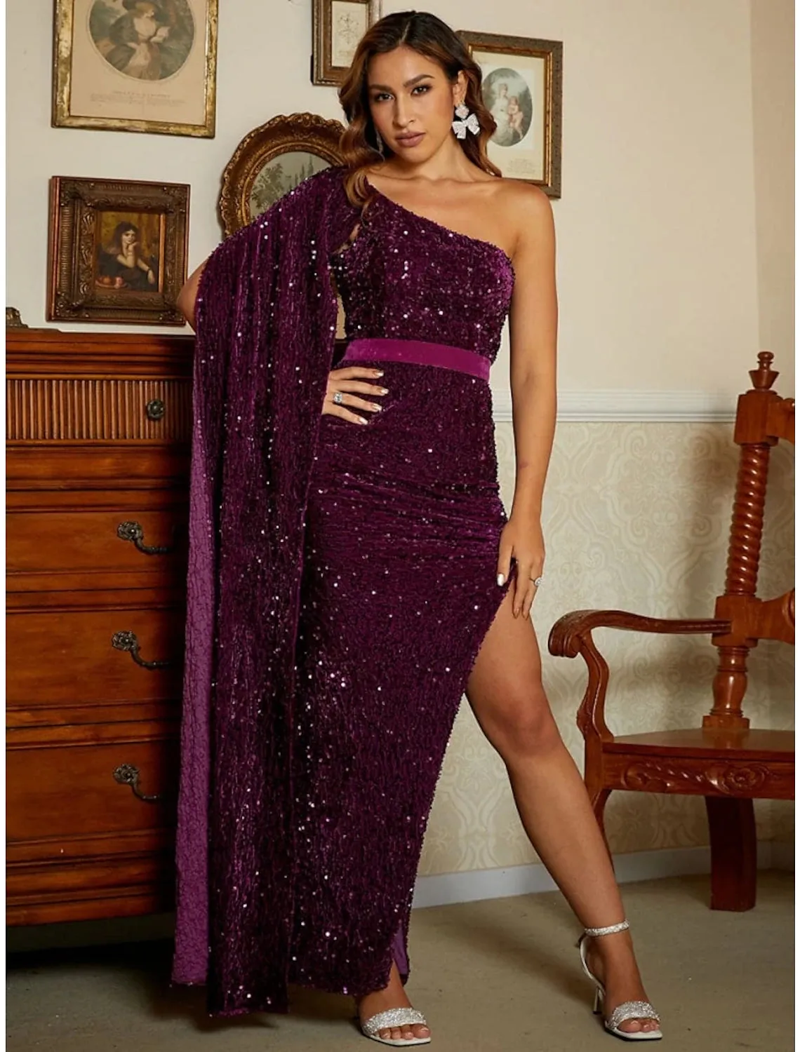 Luolandi Mermaid / Trumpet Evening Gown Black Elegant Dress Formal Ankle Length Sleeveless One Shoulder Sequined