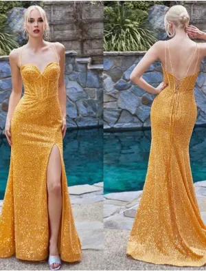 Luolandi Mermaid / Trumpet Evening Gown Elegant Dress Formal Prom Sweep / Brush Train Sleeveless Spaghetti Strap Sequined with Glitter