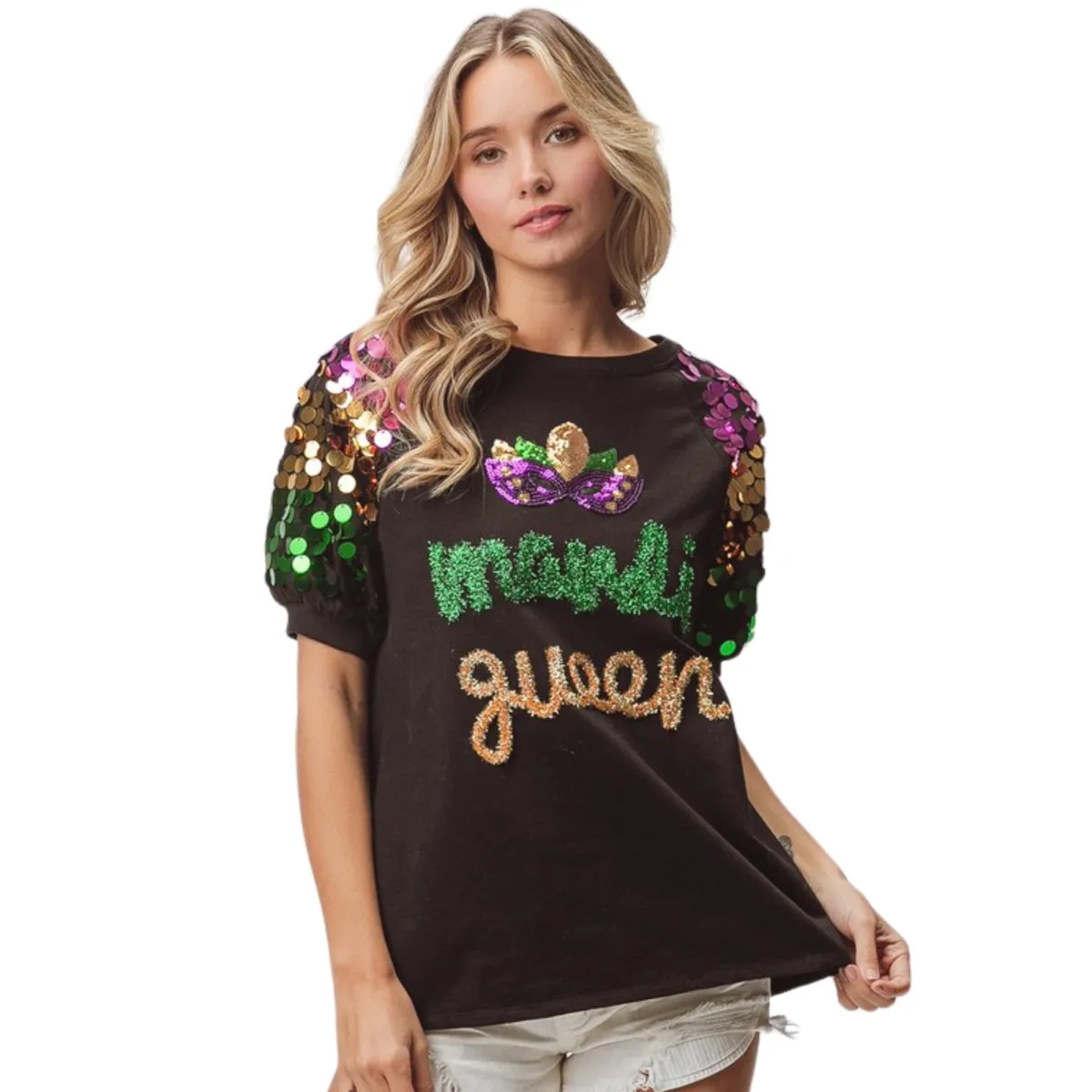 Mardi Queen Sequin Mask Patch Spangled Sleeve Top