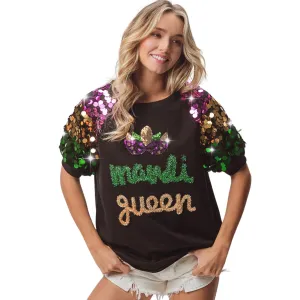 Mardi Queen Sequin Mask Patch Spangled Sleeve Top