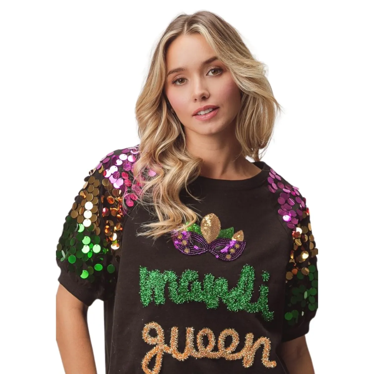 Mardi Queen Sequin Mask Patch Spangled Sleeve Top