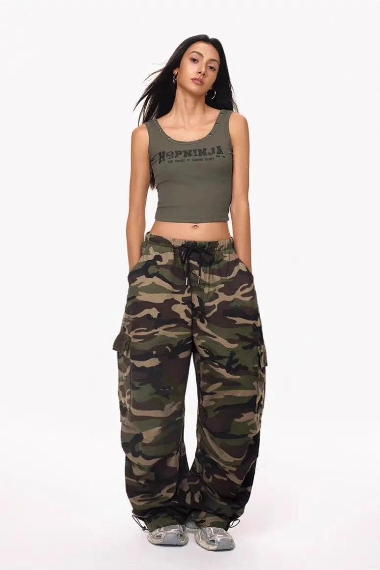 Oversized Drawstring Camo Cargo Pants