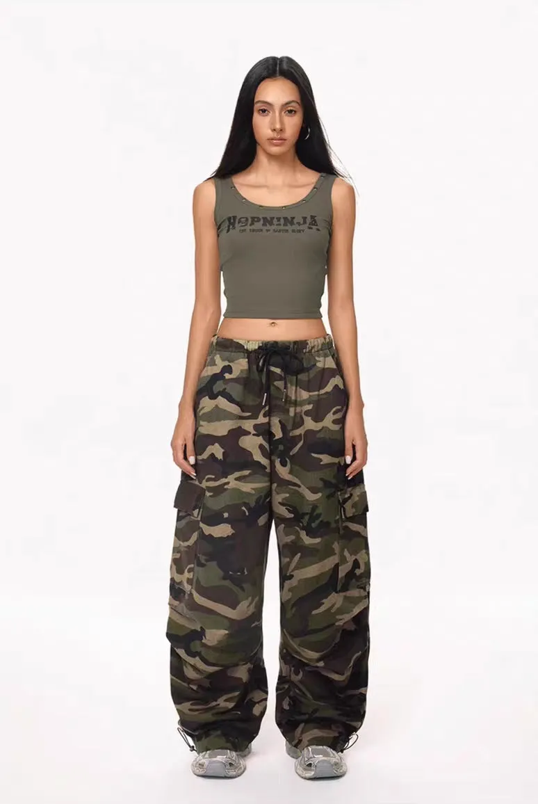 Oversized Drawstring Camo Cargo Pants