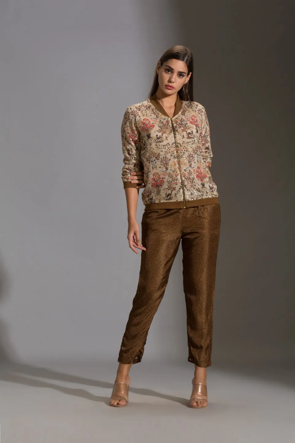 Printed sequence jacket with printed straight pants
