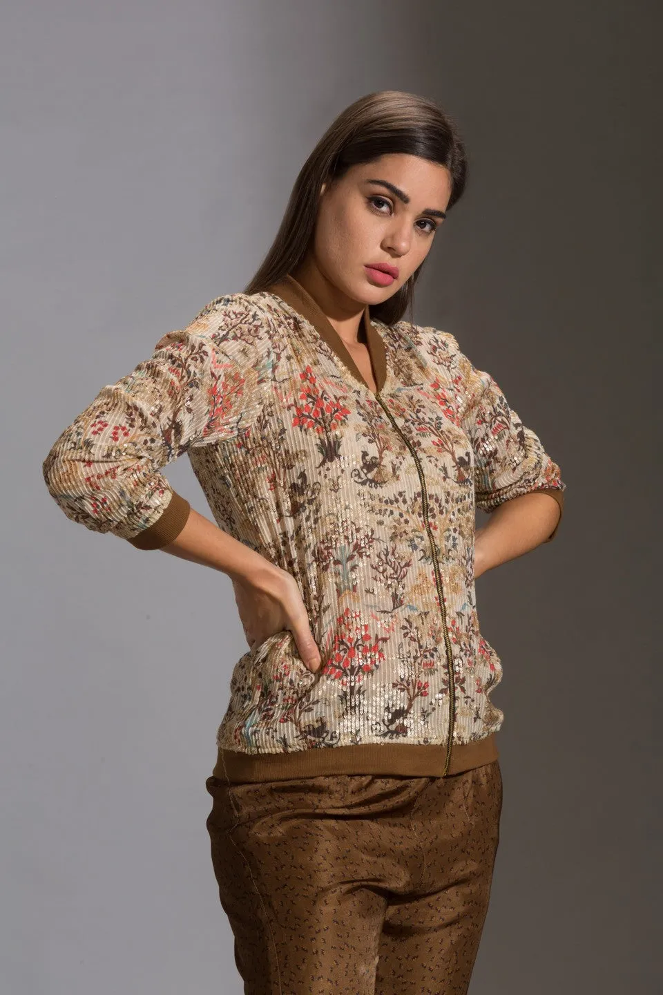 Printed sequence jacket with printed straight pants