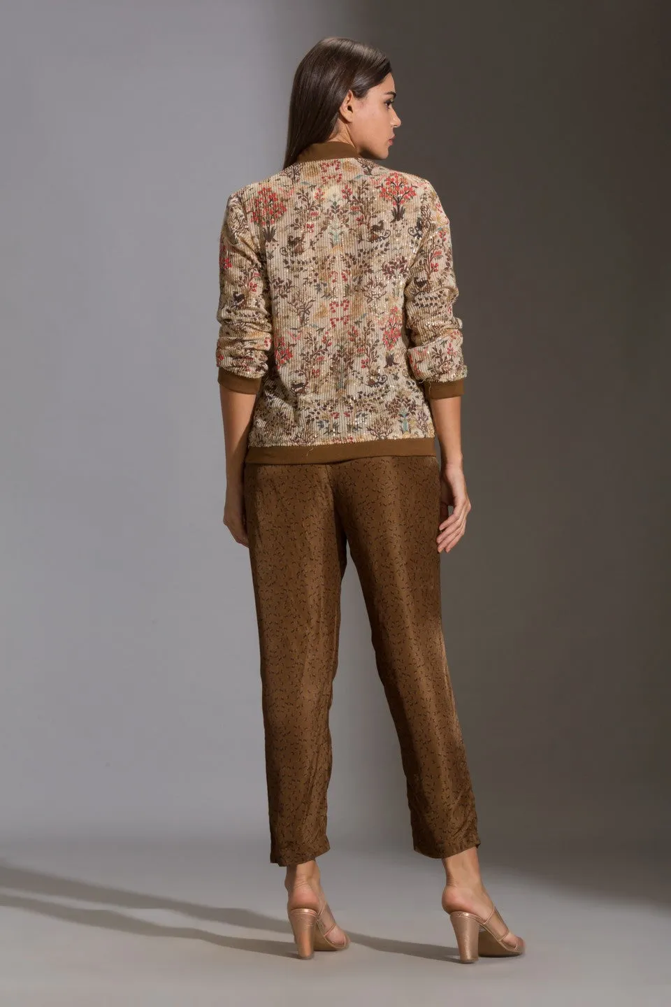 Printed sequence jacket with printed straight pants