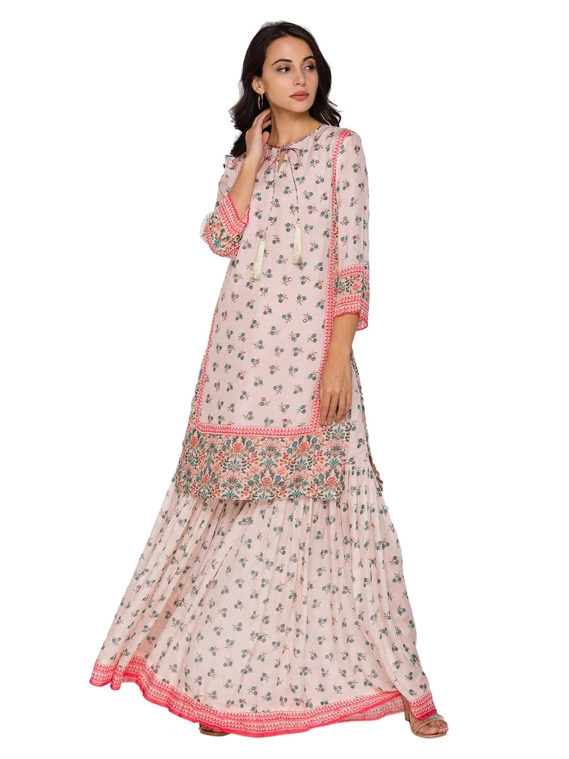 Printed top paired with printed sharara pants