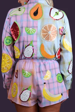 Queen of Sparkles Colorblock Plaid Fruit Shorts