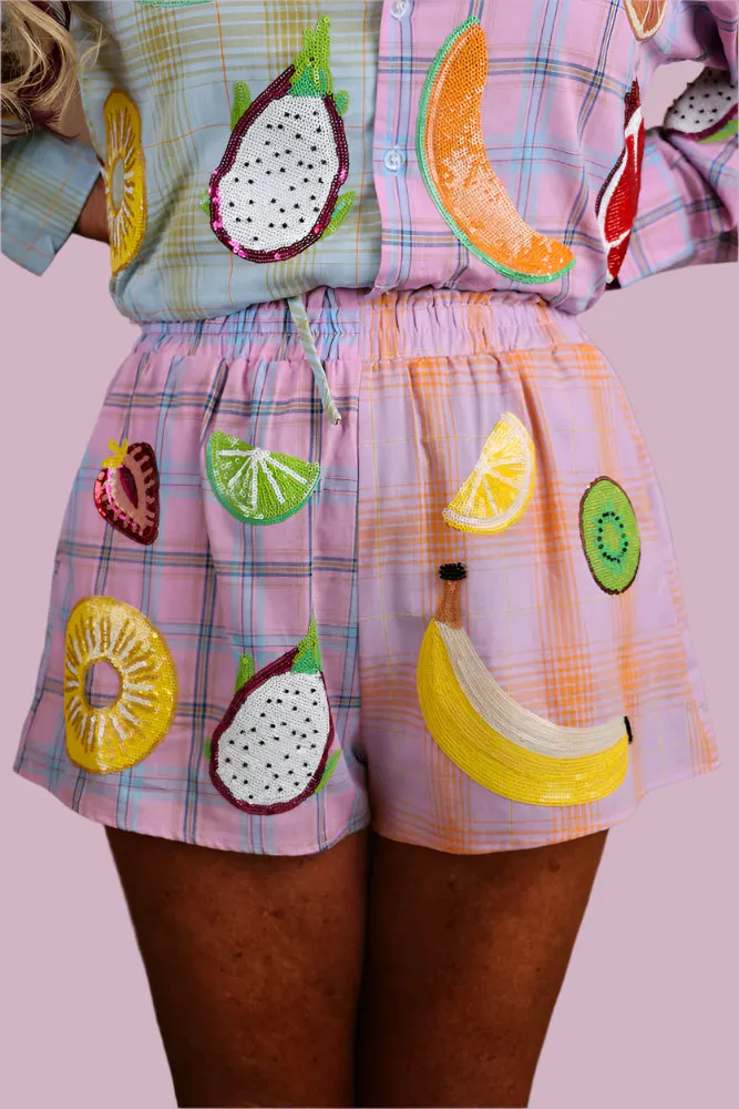 Queen of Sparkles Colorblock Plaid Fruit Shorts