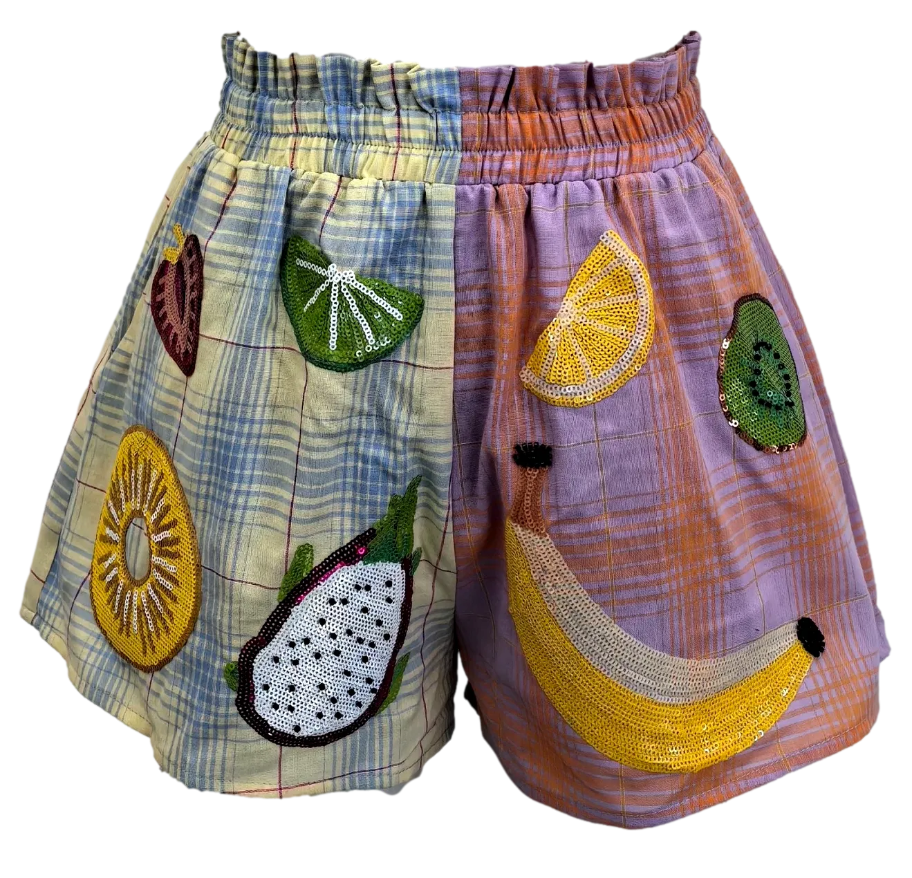 Queen of Sparkles Colorblock Plaid Fruit Shorts