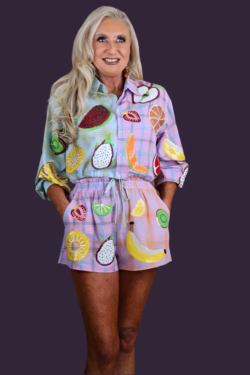 Queen of Sparkles Colorblock Plaid Fruit Shorts