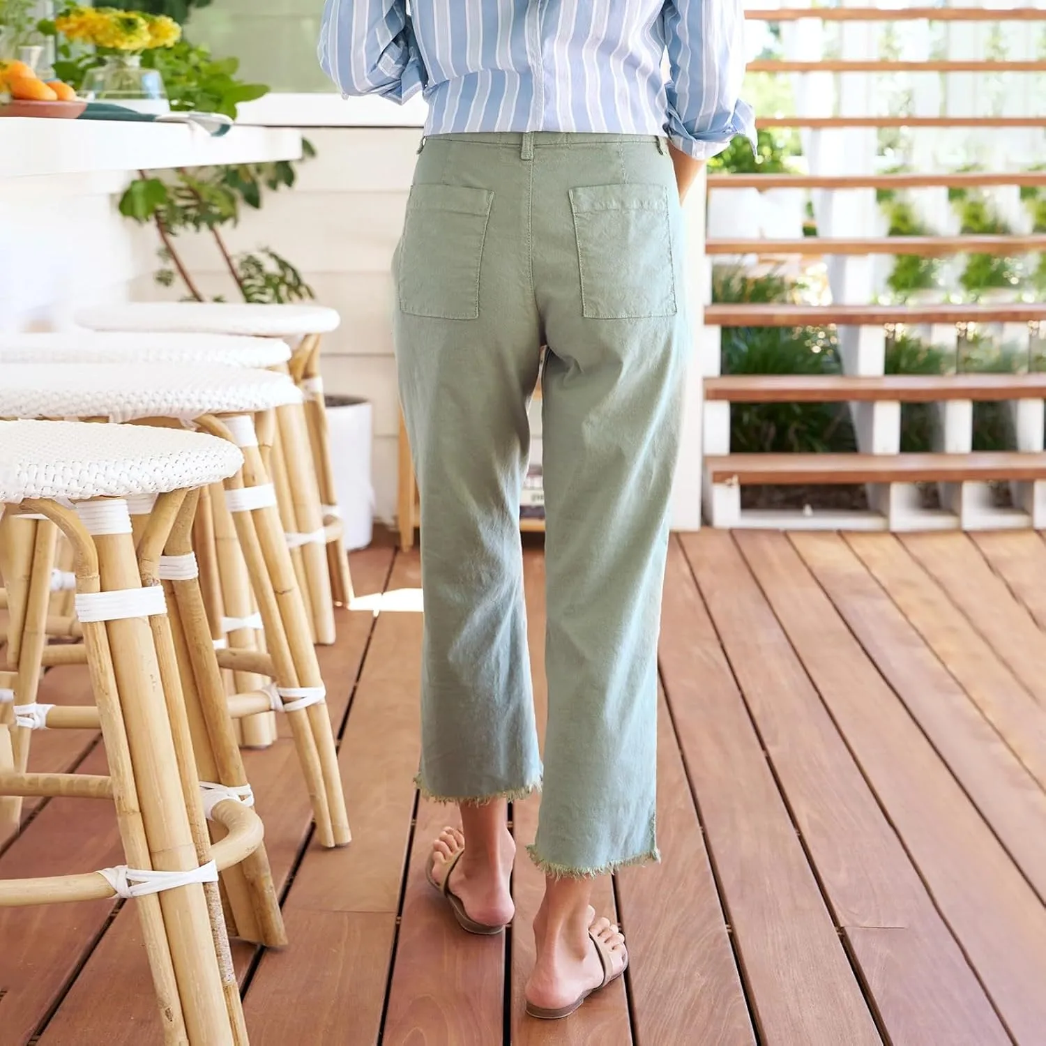 Women Linen Pants Tall Button Petite Short Cargo Capri Pants for Women Stretch Loose Summer Womens Capris Cotton