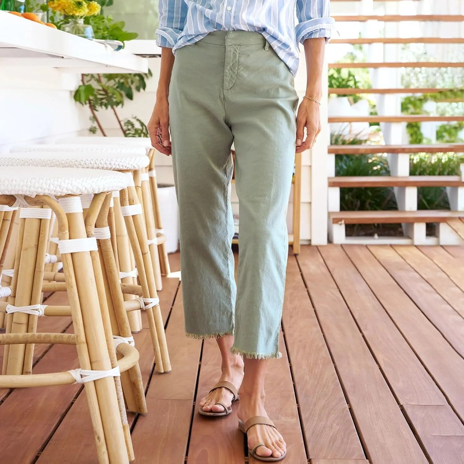Women Linen Pants Tall Button Petite Short Cargo Capri Pants for Women Stretch Loose Summer Womens Capris Cotton