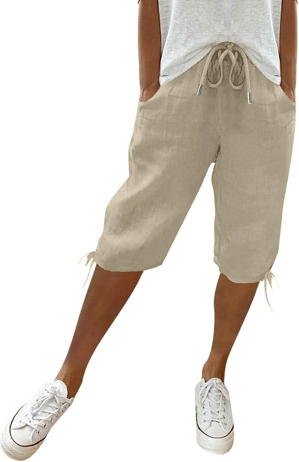 Yoga Pants Women Drawstring Cargo Summer Capri Pants for Women Stretch Loose Linen Cotton Womens Capris Petite
