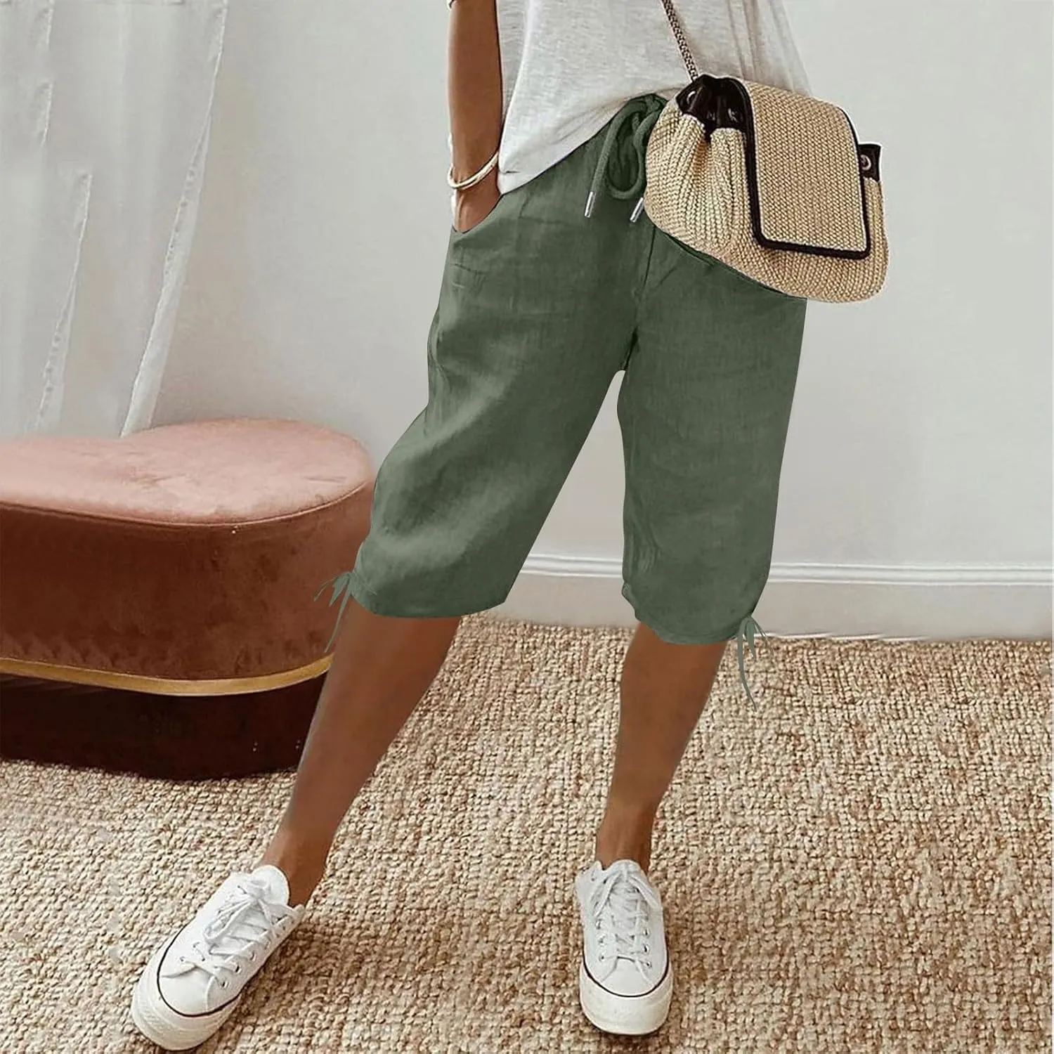 Yoga Pants Women Drawstring Cargo Summer Capri Pants for Women Stretch Loose Linen Cotton Womens Capris Petite
